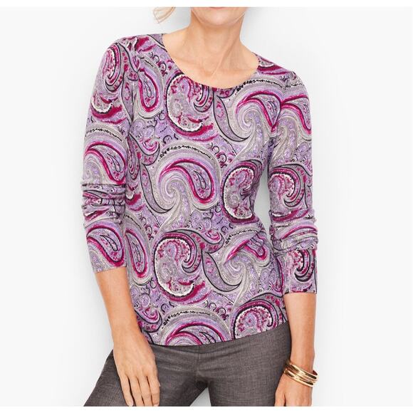 Talbots Tops - Talbots Merino Wool Gathered Shoulder Paisley Sweater Top size 2XP purple office